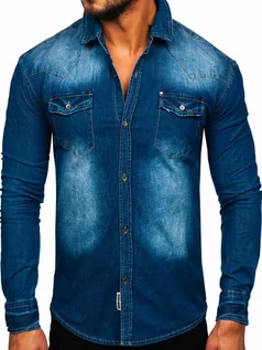 Koszule męskie - Niebieska koszula męska jeansowa z długim rękawem Denley MC704B - grafika 1