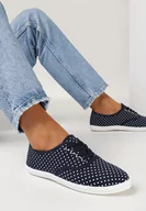 Trampki damskie - Granatowe Tenisówki na Płaskiej Podeszwie ze Wzorem w Kropki i Sznurowaniem Ceriana - miniaturka - grafika 1
