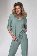 Bluzki damskie - Luźna Bluzka w Szpic z Kołnierzykiem  - Miętowa - miniaturka - grafika 1