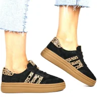 Półbuty damskie - DAMSKIE SNEAKERSY SKÓRZANE FILIPPOO 7114 CZARNE LEOPARD PANTERKA - miniaturka - grafika 1