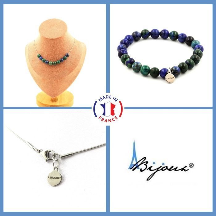 Kamienie i minerały. Komplet biżuterii Bransoletka Naszyjnik 10 Koralików Azuryt Chryzokola 8 mm. Możliwość dostosowania rozmiaru.