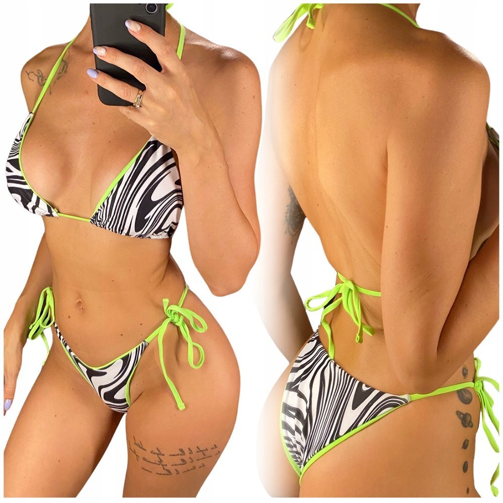 STRÓJ KOSTIUM KĄPIELOWY DWUCZĘŚCIOWY MICRO BIKINI ZEBRA NEONOWY SEXY M