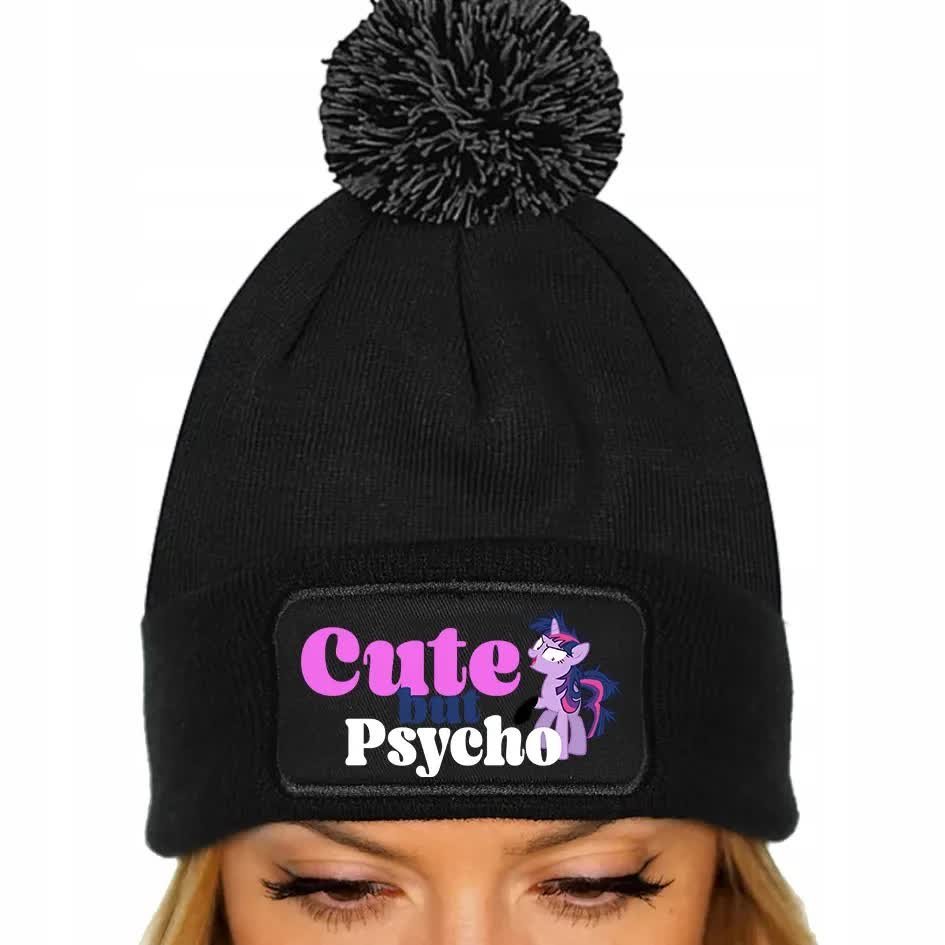 CZAPKA POMPON Bawełniana ZIMOWA CZARNA CUT BUT PSYCHO Modne Subtelne Wzory