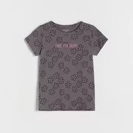 Koszulki dla dziewczynek - Reserved - Bawełniany t-shirt we kwiatki - Szary - miniaturka - grafika 1