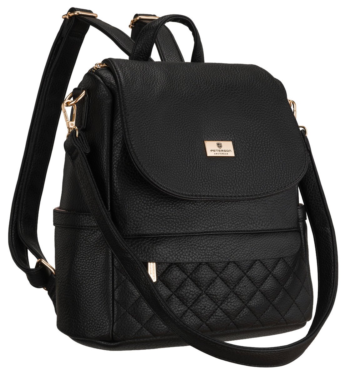 Plecak damski mały 2w1 listonoszka czarny PETERSON skóra ekologiczna modny miejski pikowany