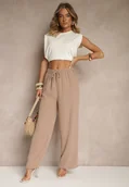 Spodnie damskie - Ciemnobeżowe Spodnie High Waist ze Sznurkiem w Talii i Prostą Nogawką Raveann - miniaturka - grafika 1