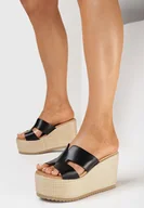 Klapki i japonki damskie - Czarne Klapki na Wysokim Koturnie z Platformą z Ozdobną Plecionką Narsie - miniaturka - grafika 1