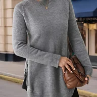 Swetry damskie - TEMU Sweter z okrągłym dekoltem z wiązaniem po bokach, swobodny sweter raglanowy z długim rękawem na jesień i zimę, odzież damska - miniaturka - grafika 1