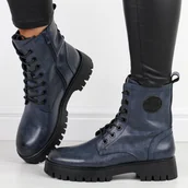 Botki damskie - Granatowe skórzane botki damskie na traperze Sergio Leone Tr710-S - miniaturka - grafika 1