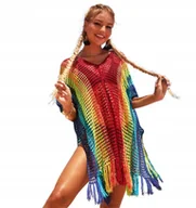 Bluzki damskie - KOLOROWA TUNIKA PLAŻOWA SUKIENKA PAREO FRĘDZLE - miniaturka - grafika 1