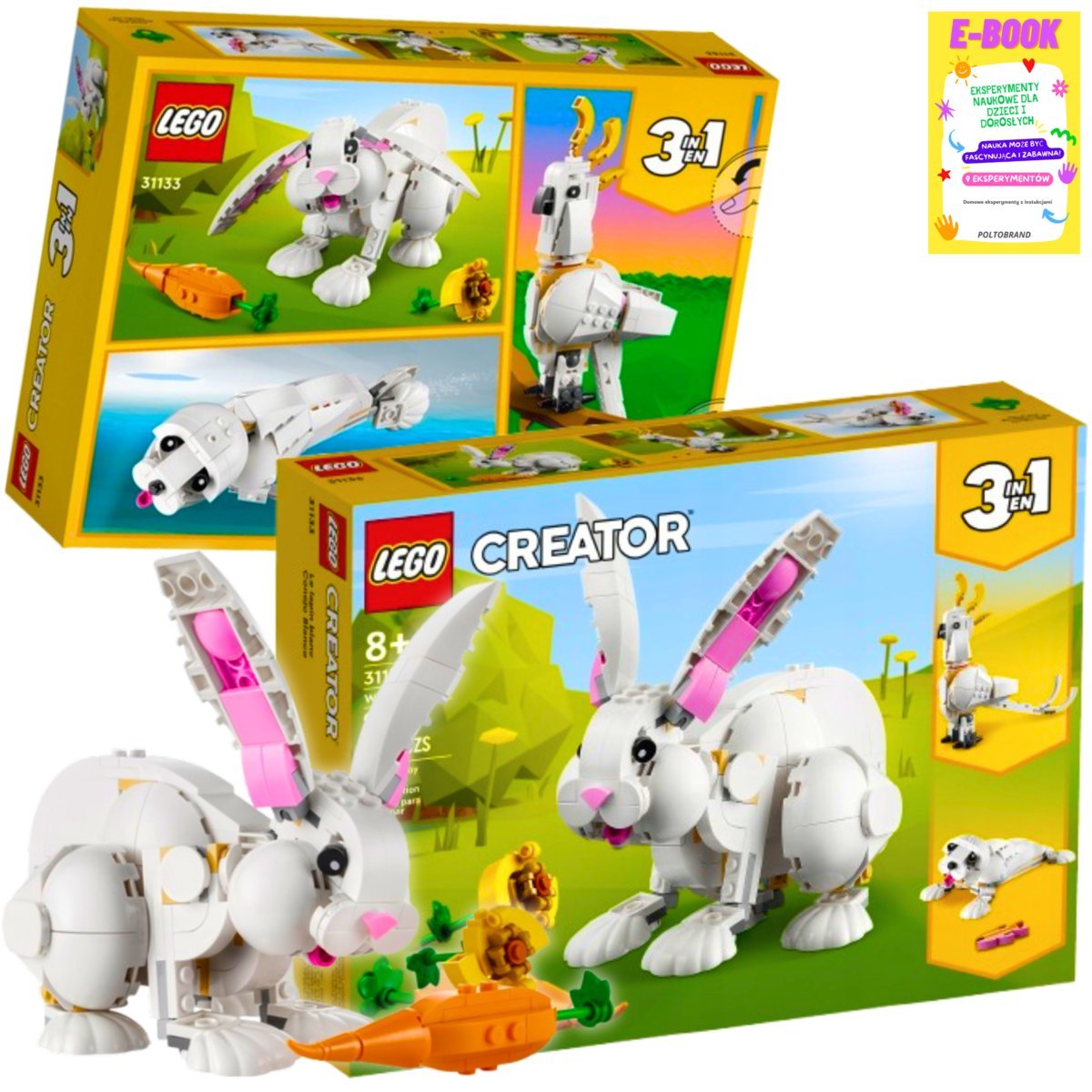 LEGO CREATOR 3w1 - BIAŁY KRÓLIK, PAPUGA, KAKADU - LEGO PREZENT + EBOOK
