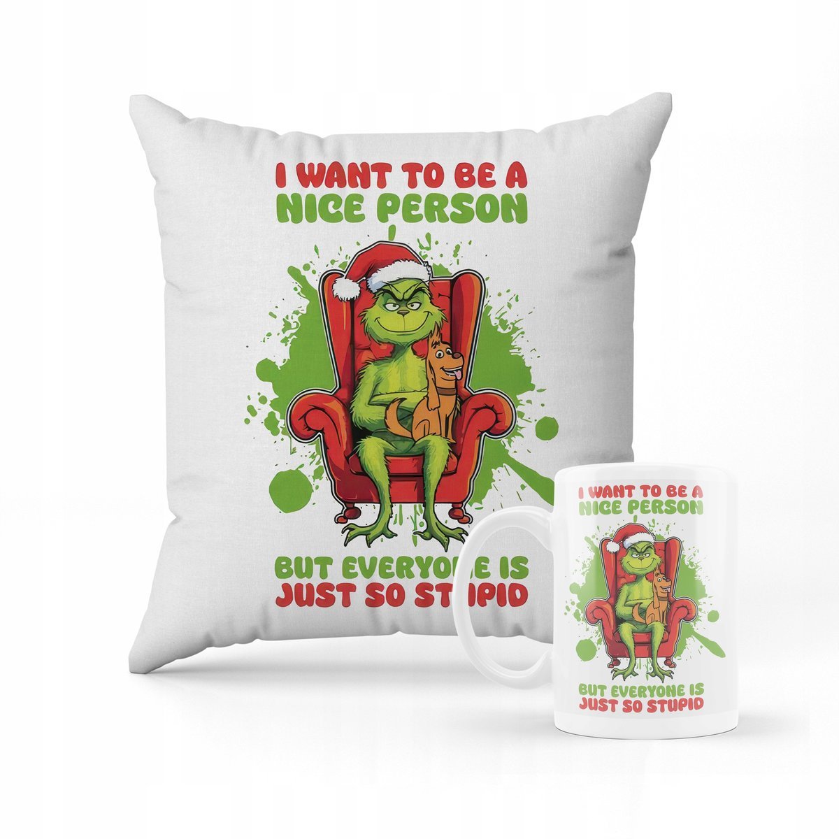 ZESTAW PODUSZKA + KUBEK Grinch święta + IMIĘ 2