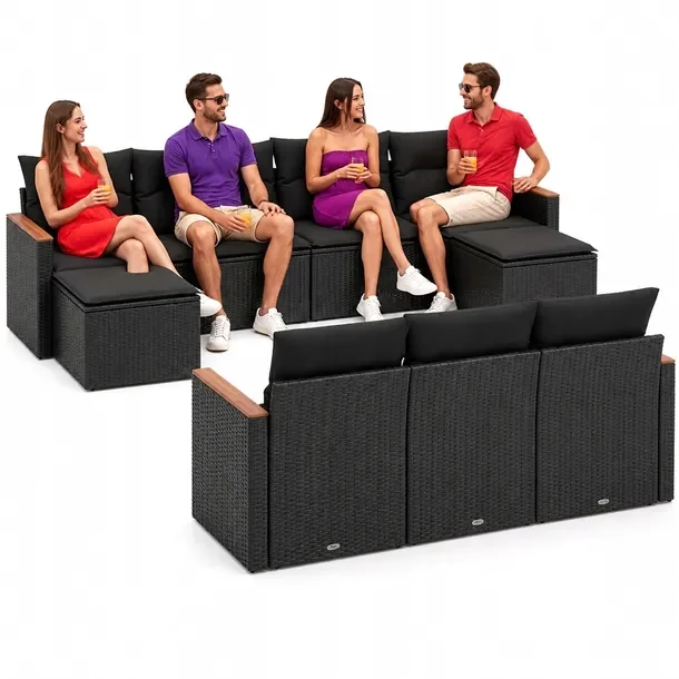 Zestaw mebli ogrodowych modułowych z poduszkami, czarny, rattan PE, stal,