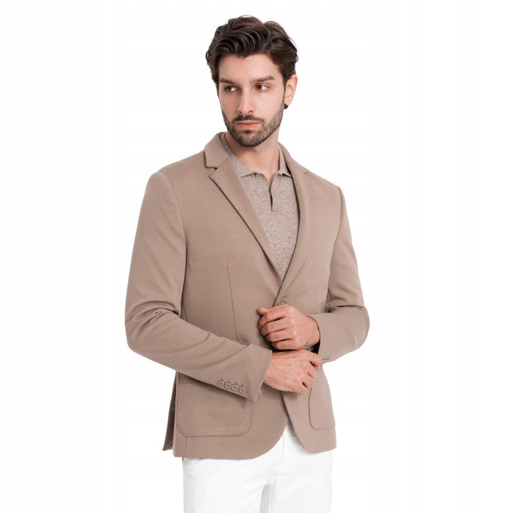 Męska marynarka z naszywanymi kieszeniami ciemnobeżowa V3 OM-BLZB-0127 XL