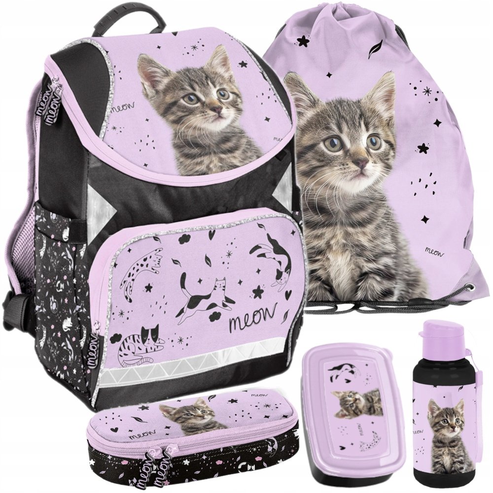 Tornister dla dziewczynki plecak szkolny 1-3 klasa Kot Zestaw do szkoły