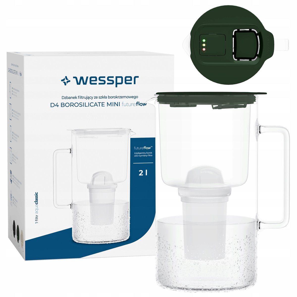 Szklany dzbanek filtrujący z licznikiem LED Wessper D4 BOROSILICATE MINI 2l