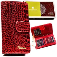 Portfele - Portfel damski na karty skórzany PETERSON lakierowany brokatowy pionowy na zatrzask i suwak rfid stop czerwony - miniaturka - grafika 1