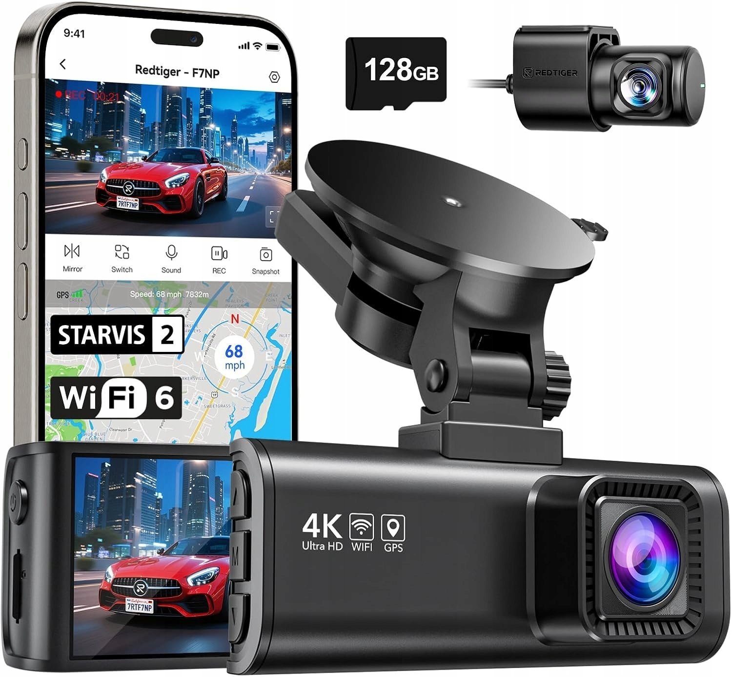 Redtiger F7NP Kamera Samochodowa 4K Przód Tył Starvis 2 GPS WiFi + 128GB