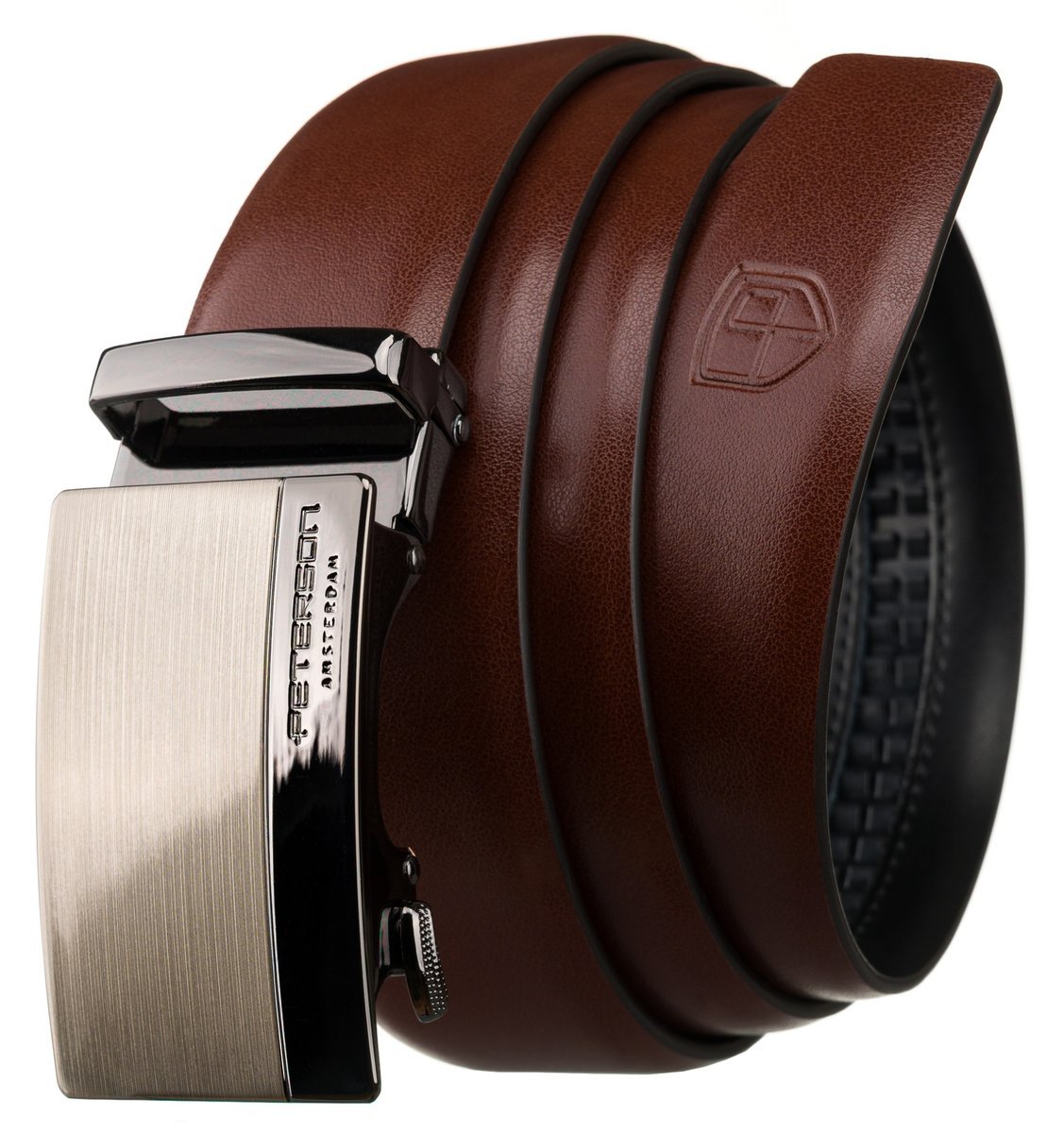 Brązowy pasek męski do spodni automatyczna srebrna klamra 125 elegancki PETERSON skóra naturalna casualowy do garnituru samodzielne skracanie