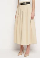 Spódnice - Beżowa Spódnica z Podwójnym Paskiem z Ekoskóry i Szerokimi Plisami Hiritai - miniaturka - grafika 1