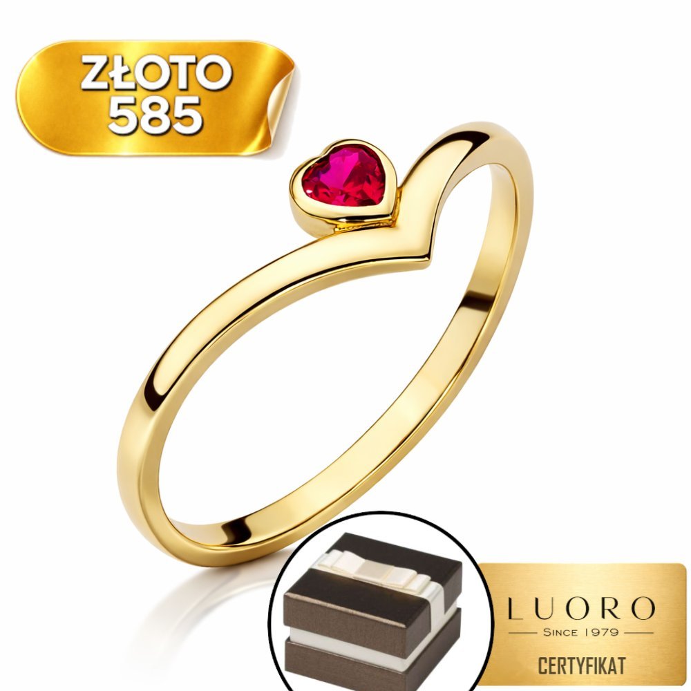 PIERŚCIONEK ZŁOTY 585 14K GŁADKA SZYNA RUBINOWE SERCE ELEGANCKI R10