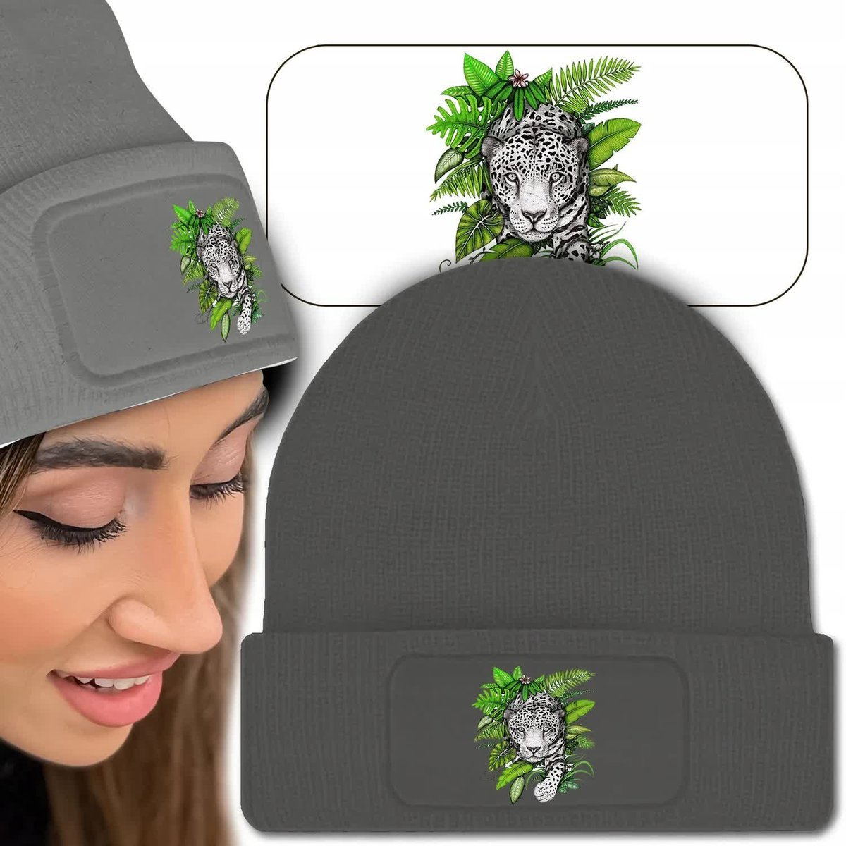 Ciepła Zimowa Czapka Szara LION Modne Top Wzory