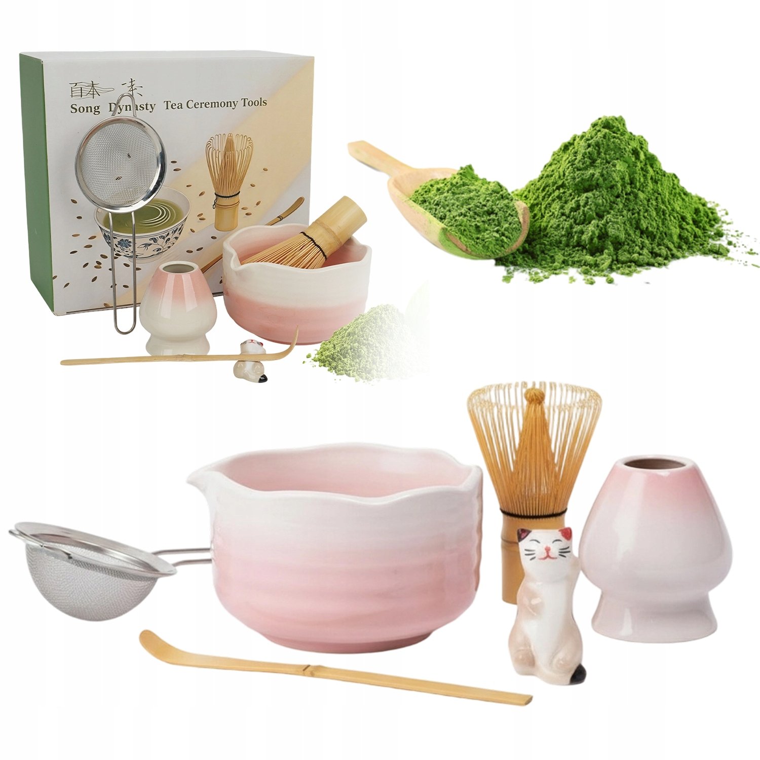 Zestaw Do Parzenia Matchy 6szt. Różowy Z Miską, Trzepaczką Sitkiem I Uchwyt