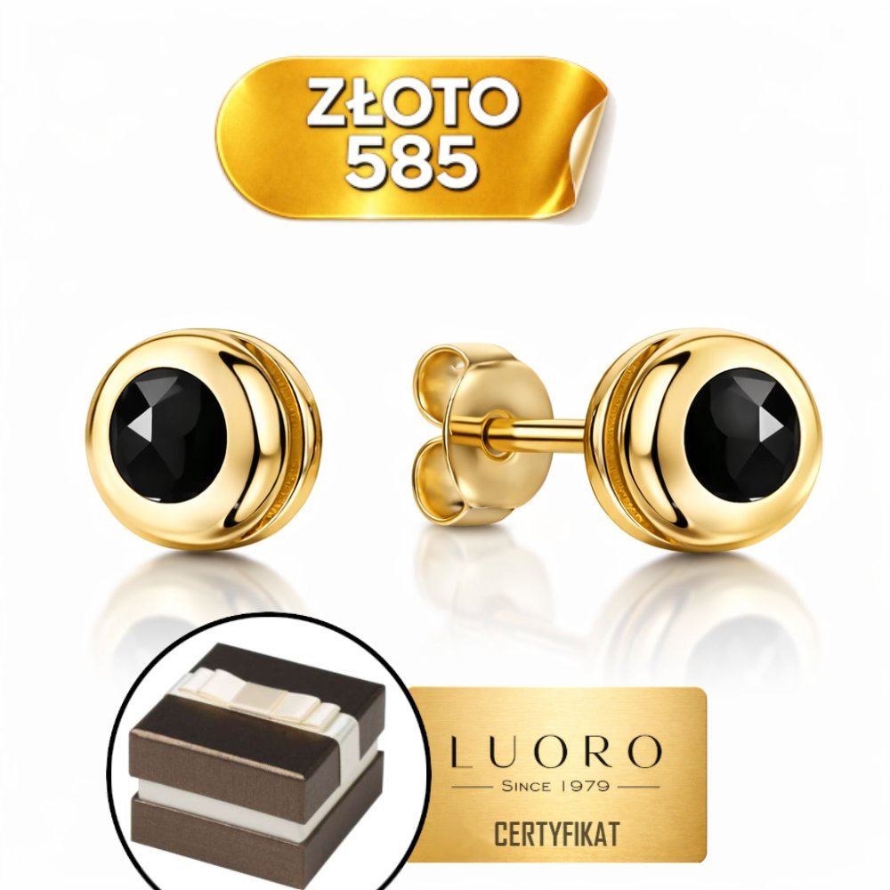 KOLCZYKI ZŁOTE 585 14K CZARNY KAMIEŃ OTACZONY ZŁOTEM 4,5 MM SZTYFT