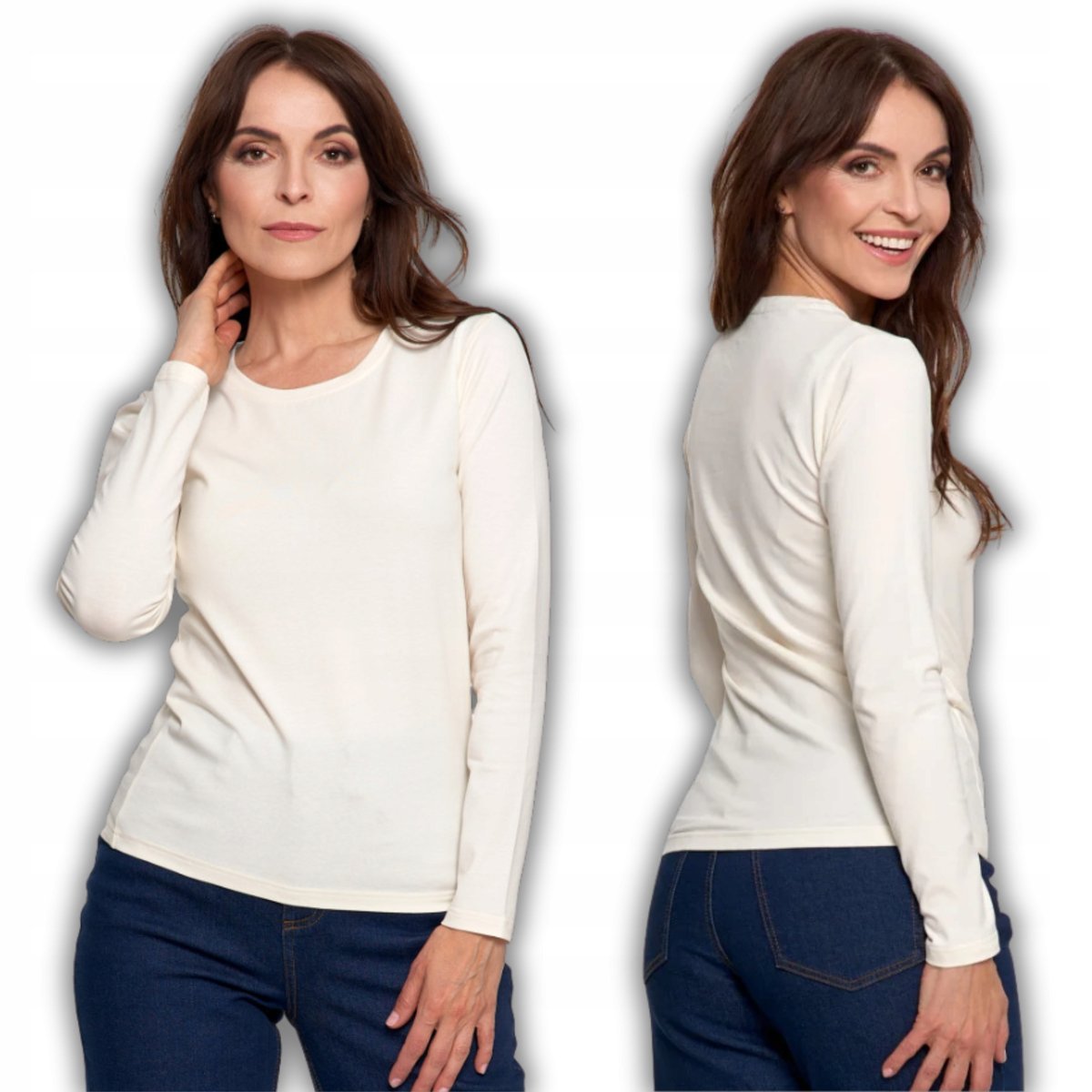 Bluzka Damska Z Długim Rękawem Bawełniana Gładka Miękka Klasyczna Moraj Xl Ecru