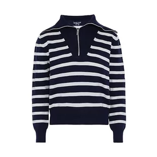 Bridgeport Damski sweter z dzianiny w paski z zamkiem błyskawicznym i granatowym dekoltem, granatowy, wełniany, białe paski, rozmiar XL/XXL, Ciemno-granatowe białe paski, XL - Swetry damskie - miniaturka - grafika 1