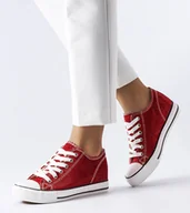 Trampki damskie - Czerwone brokatowe trampki na koturnie Crete - marka niezdefiniowana - miniaturka - grafika 1