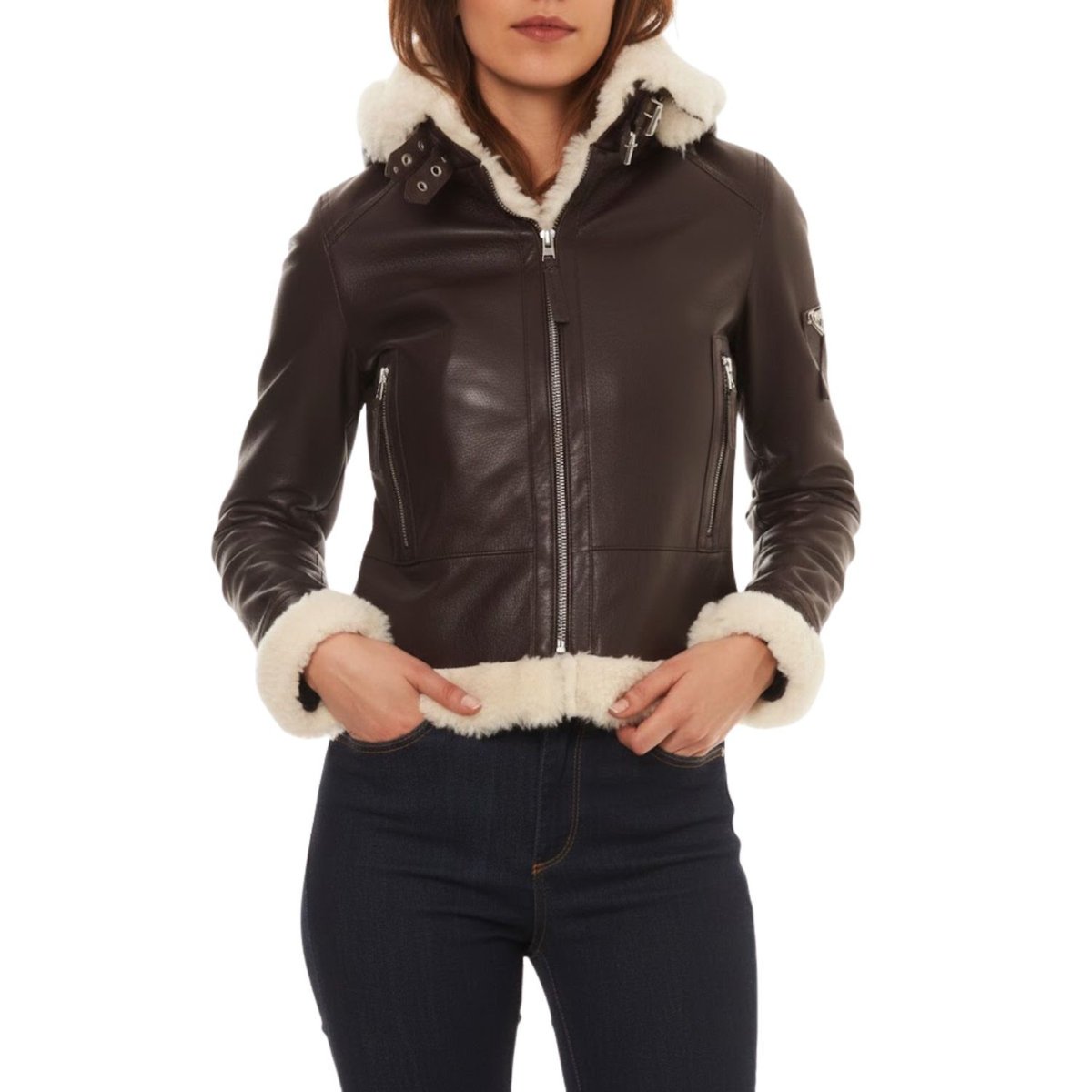 Kurtka damska skórzana Isaco ramoneska brązowy skóra z kapturem i futerkiem-M