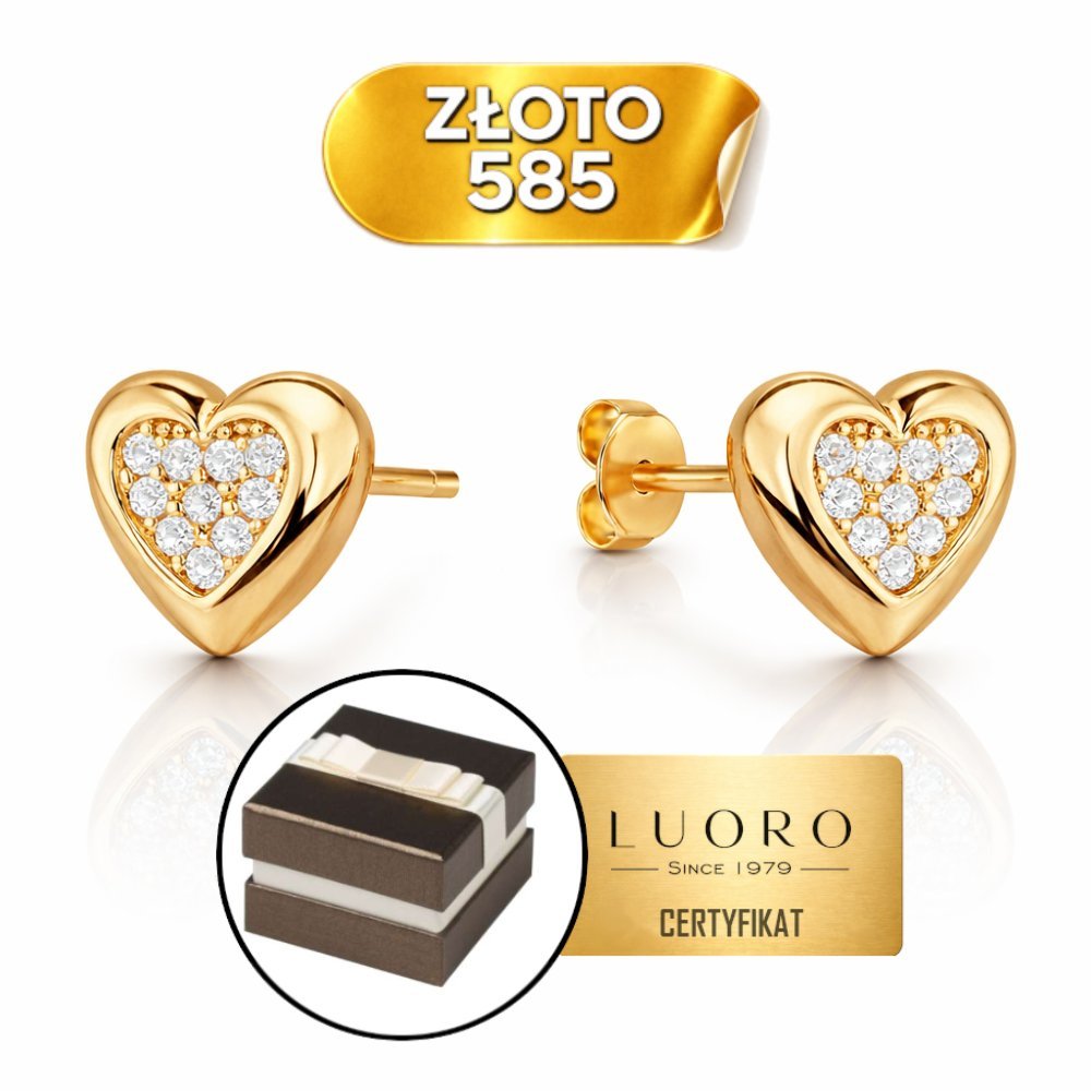KOLCZYKI ZŁOTE 585 14K SERCA WYPEŁNIONE CYRKONIAMI SZTYFT 7 MM ELEGANCKIE