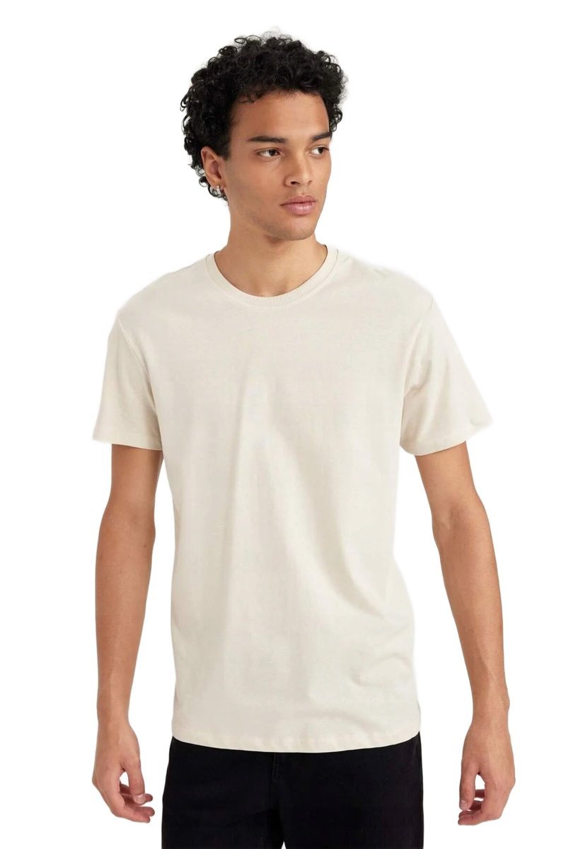 DEFACTO MĘSKI T-SHIRT BAWEŁNIANY Z OKRĄGŁYM DEKOLTEM BEŻOWY L 5DA