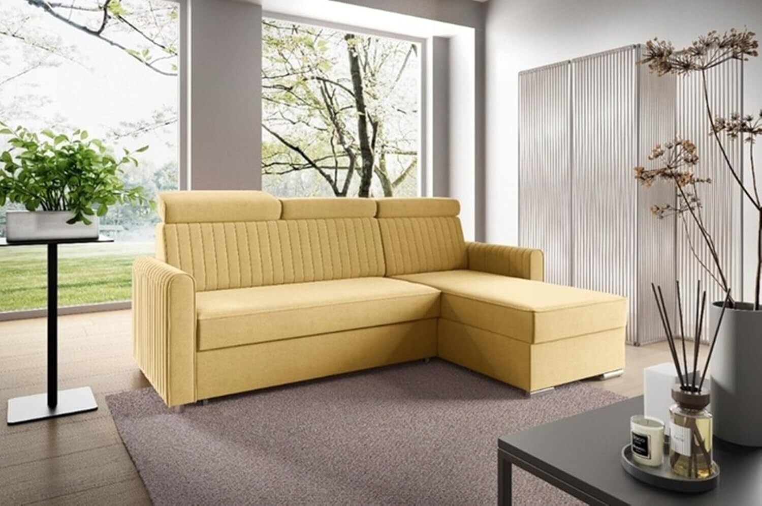 LIKMA Narożnik 213 cm Musztardowy Rozkładany NELI Kształt L z Funkcją Spania (190x125 cm) i Pojemnikiem na Pościel Sofa z Regulowanymi Zagłówkami