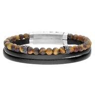 Bransolety męskie - Bransoletka Męska czarne skórzane rzemienie i brązowe koraliki tygrysie oko. - miniaturka - grafika 1