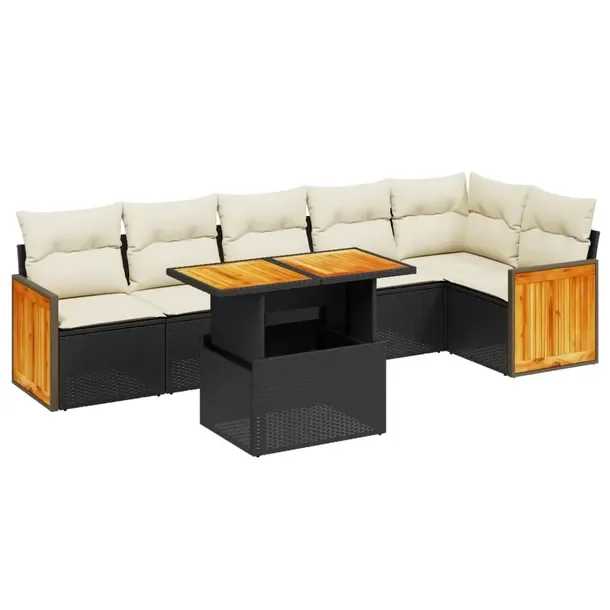 Zestaw wypoczynkowy rattan PE, czarny, 55x62x69 cm, kremowe poduszki