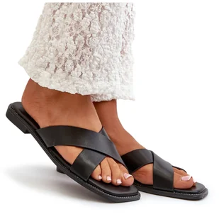 Klapki Damskie Na Płaskim Obcasie Z Eko Skóry S.Barski KV27-002 Czarne - Klapki i japonki damskie - miniaturka - grafika 1