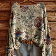 Swetry damskie - TEMU Nowy Lekki Sweter z Pełnym Nadrukiem, z Kwiatowym Wzorem na Całej Powierzchni. Okrągły Dekolt, Długie Rękawy, w Stylowym i Swobodnym Designie, - miniaturka - grafika 1