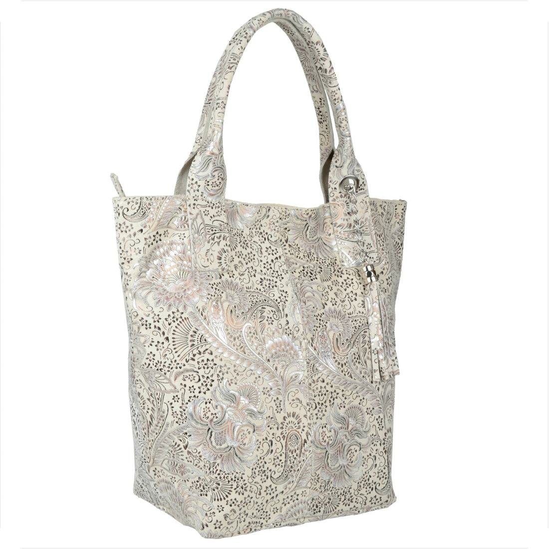 Torba worek skóra naturalna jasny beż wzór kwiaty Borse in Pelle