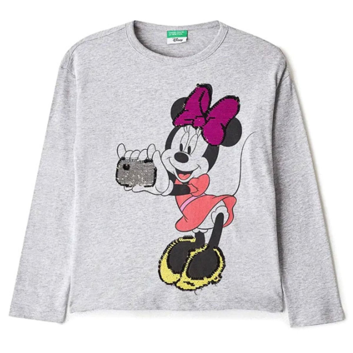 Koszulka dziewczęca Benetton x Disney bawełniana z długim rękawem szara-170