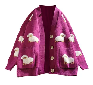 Sweter Kardigan z Guzikami w Owieczki Różowy - Swetry damskie - miniaturka - grafika 1
