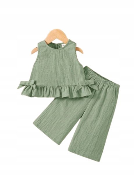 SHEIN KOMPLET DZIECIĘCY BLUZKA Z FALBANKĄ I SPODNIE ZIELONY 86 1HA