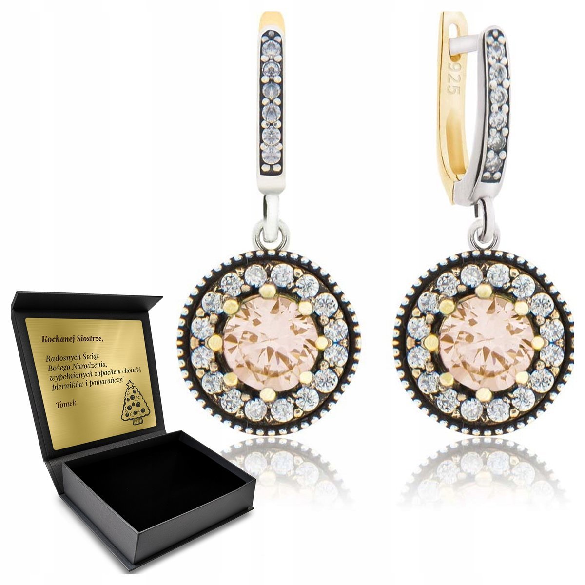 Kolczyki Srebrne 925 Z Cyrkoniami I Morganitem Dla Kobiety + Grawer