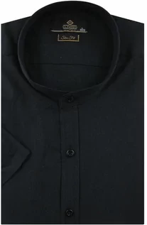 Koszule męskie - Classo Lniana Koszula Męska Codzienna ze stójką Przewiewna Casual gładka czarna z krótkim rękawem w kroju SLIM FIT Classo N471 Koszula N471 - grafika 1