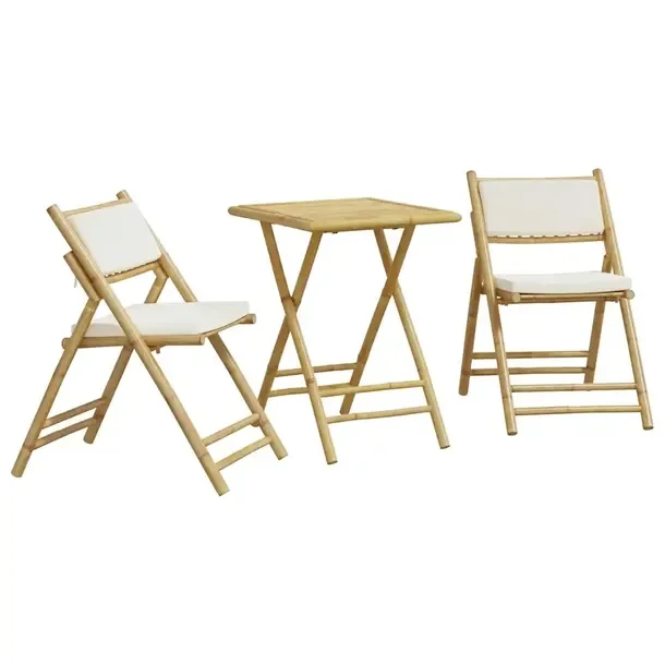 Zestaw bistro bambusowy z poduszkami kremowy, stolik 55x55x75 cm, krzesła