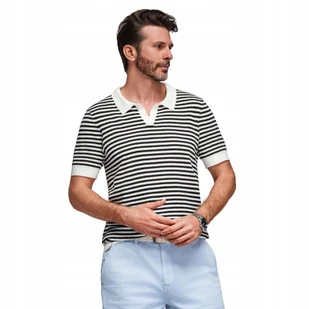 Męska dzianinowa koszulka polo w paski - czarno-biała V1 OM-POSS-0161 r XXL - Koszulki męskie - miniaturka - grafika 1