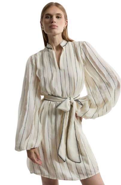 Karen Millen Sukienka Mini z Paskiem i Stójką w Paski Beżowa 38 B1c