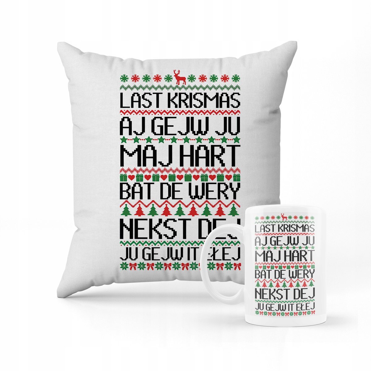 ZESTAW PODUSZKA + kubek Last Christamas śmieszny wzór + IMIĘ