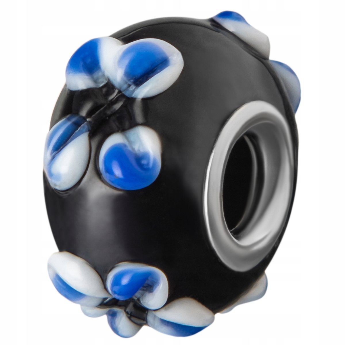 Charms Srebrny Koralik Czarny Szklany Beads Niebieski Kwiat SREBRO 925